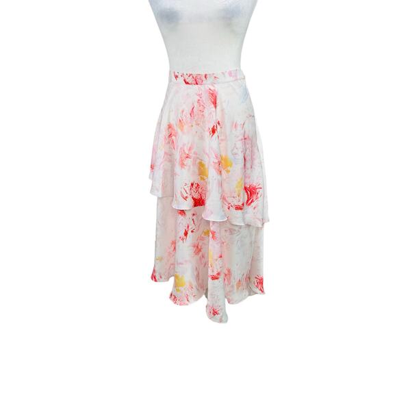 BCBGMaxAzria Asymmetric Tiered Satin Multi Pink White Marbled Midi Skirt Medium - Picture 2 of 13